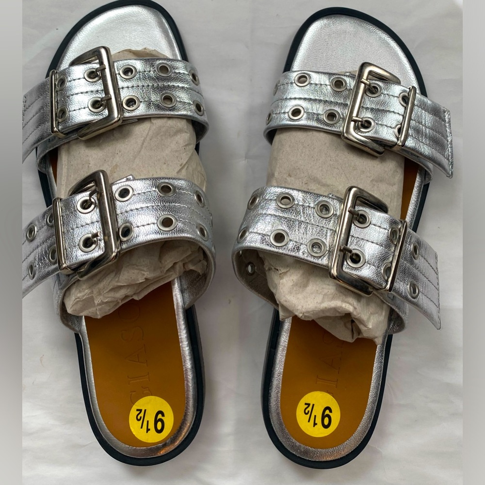 Giasone Silver double Buckle slip on Sandals 9.5M
